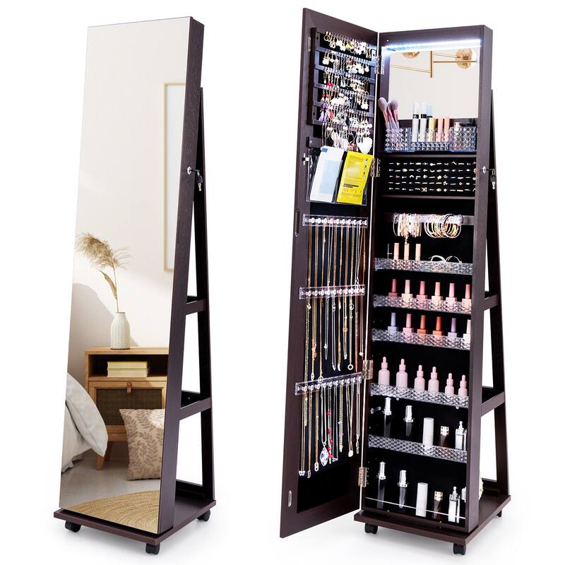 Gymax 64'' Jewelry Cabinet Armoire w/ 3-Color Lights Adjustable - Purple