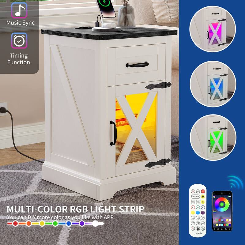 Moasis Farmhouse Side End Table Bedside Sofa Table with LED Lights, 2 Power outlets & 2 USB Ports
