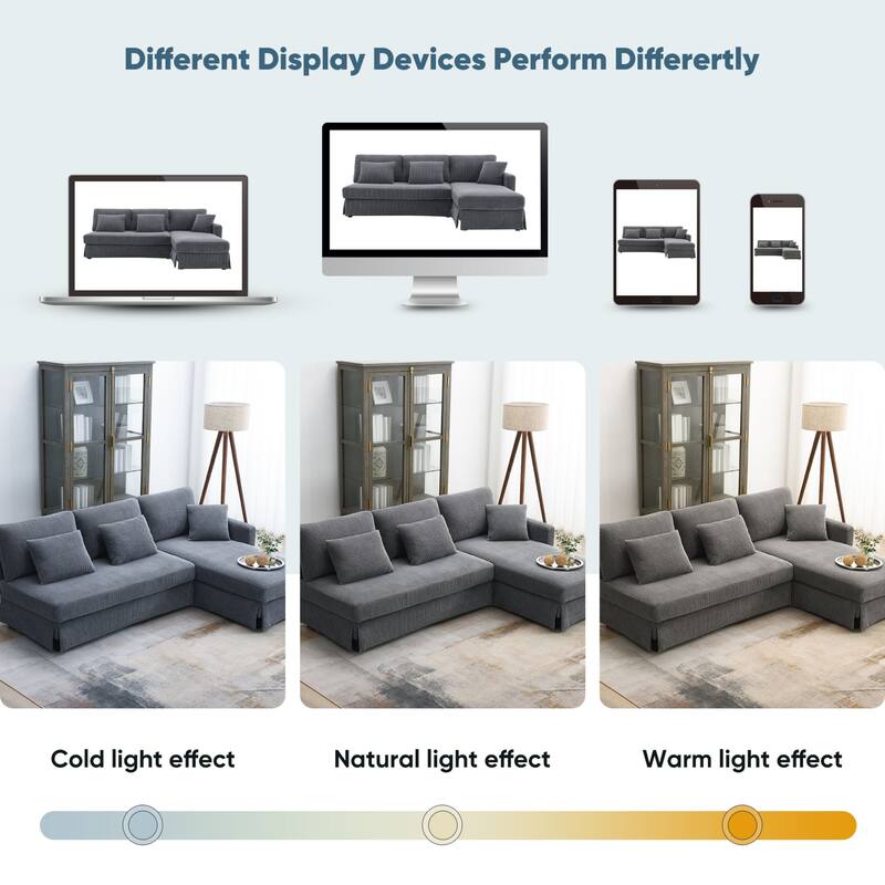 Oaks Aura Modern L-shaped Corduroy Sofa with Reversible Chaise, Upholstered Sectional Convertible Sleeper Couch with Pillows