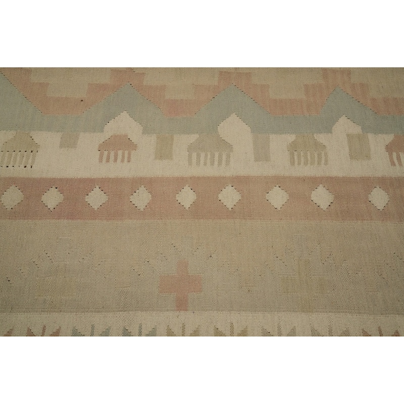 Hand Woven Oriental 100% Wool Carpet Southwestern Tribal Beige & Ivories Kilim Area Rug - 10' 0'' X 6' 4''