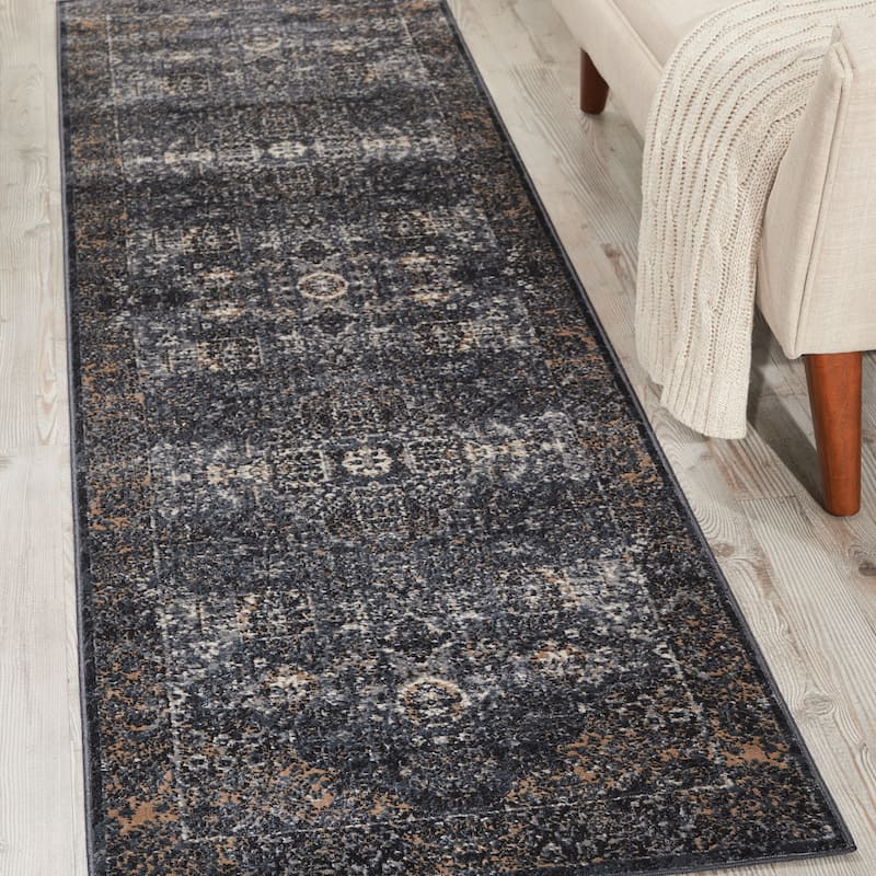 Malta Vintage Oriental Bordered Medallion Area Rug - 2' 2" x 7' 7" - Navy - Runner/Rectangle