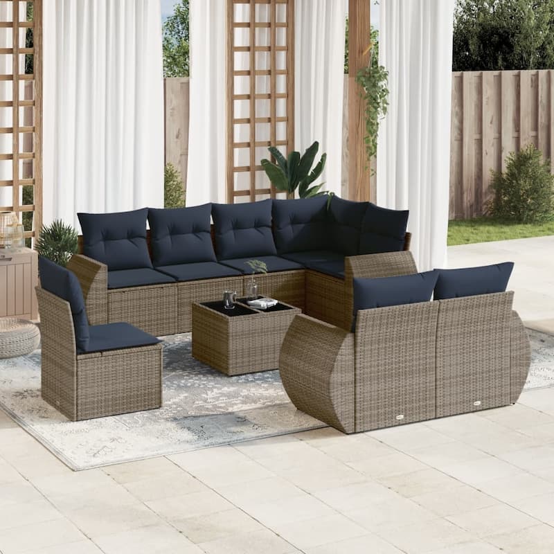 vidaXL 8 Piece Patio Sofa Set with Cushions Grey Poly Rattan - 24.4" x 24.4" x 27.2" - Grey and blue With table