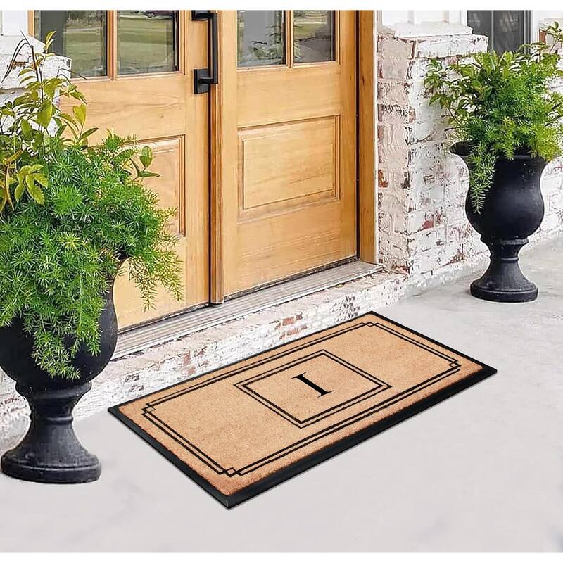 A1HC Natural Coir and Rubber Monogrammed Front Porch Entry Doormat 24"X48" Black/Beige