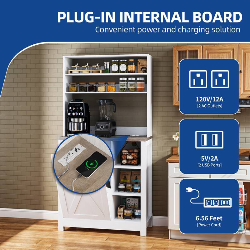 Moasis Bakers Rack with Trash Can Storage Bin Cabinet and Power Outlet