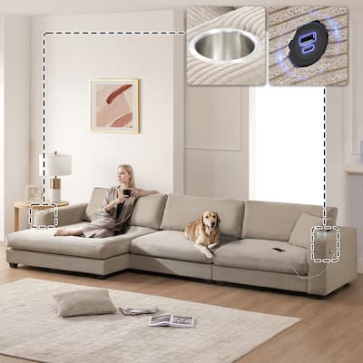 134*54" Oversized Corduroy Sectional Sofa, L Shaped with USB, Cup Holder, 50" Chaise, 3 Colors