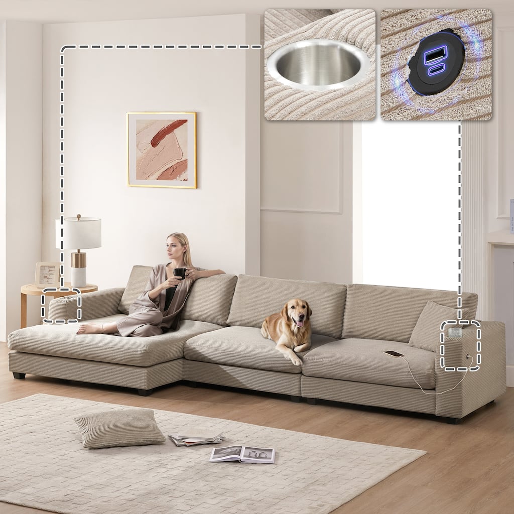 134*54" Oversized Corduroy Sectional Sofa, L Shaped with USB, Cup Holder, 50" Chaise, 3 Colors