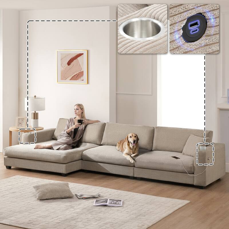 Corduroy Sectional Sofa,L Shaped Cloud Couch With Usb Charging Port,Cup Holder,Deep And Wide Seat Sofa With 50" Chaise - khaki