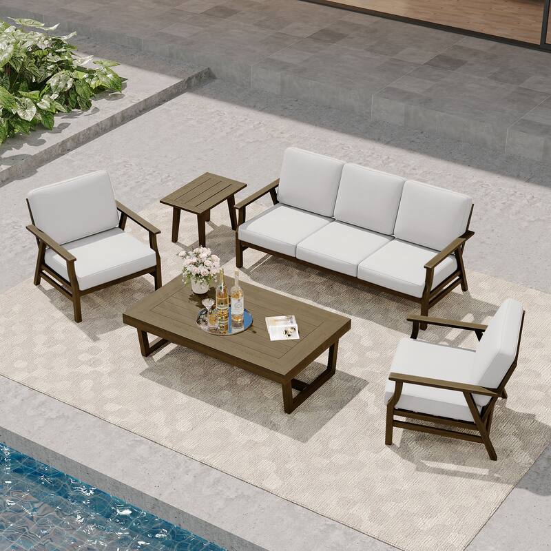 Modern Wood Cushioned Outdoor Patio Sofa Loveseat with Coffee Table
