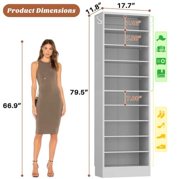 dimension image slide 6 of 10, Freestanding 10-Tier Shoe Storage Cabinet,Narrow Wood Shoe Rack Shoe Organizer,Sturdy Closet Organizer Open Display Cabinet
