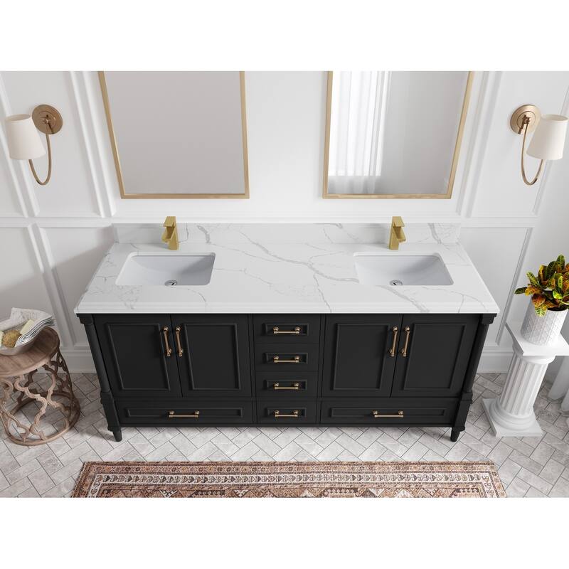 Willow Collections 72 in. W x 22 in. D Aberdeen Double Sink Bathroom Vanity with Countertops - 1.5" Calacatta Laza - Black