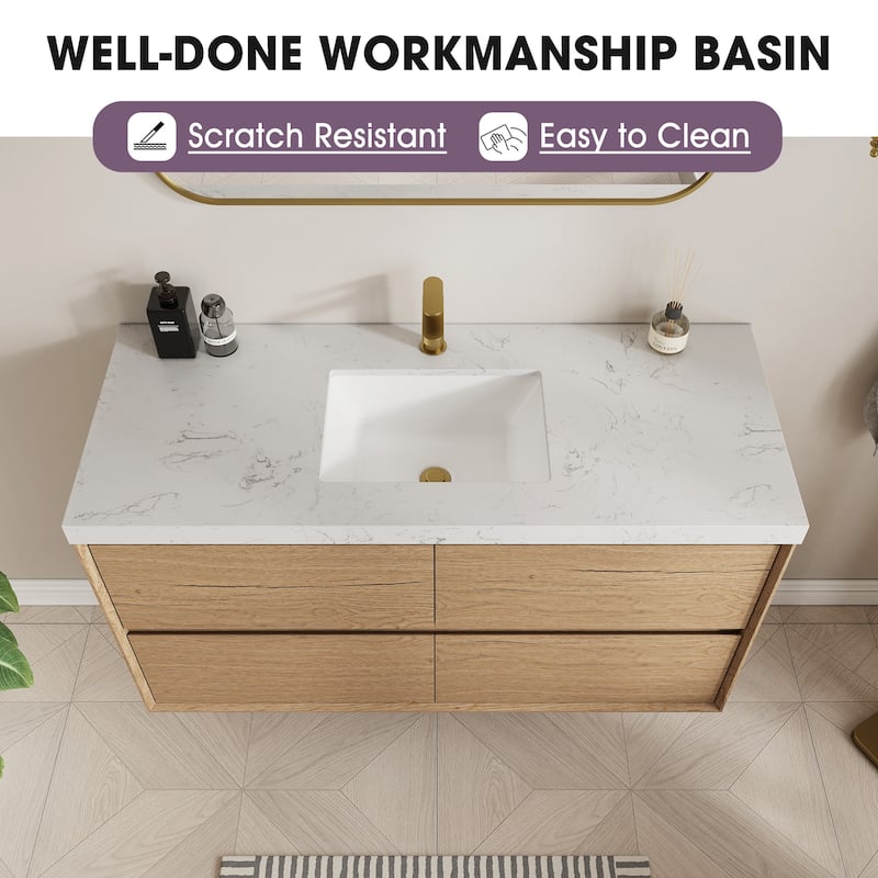 Sylphar 48 inch Bathroom Vanity with Sink, Floating Oak Cabinet with Stone Top