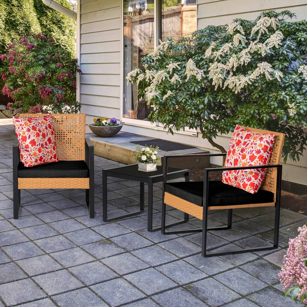 3 Pieces Patio Set Outdoor Wicker Furniture Sets, Modern Rattan Chair Conversation Sets with Glass Coffee Table