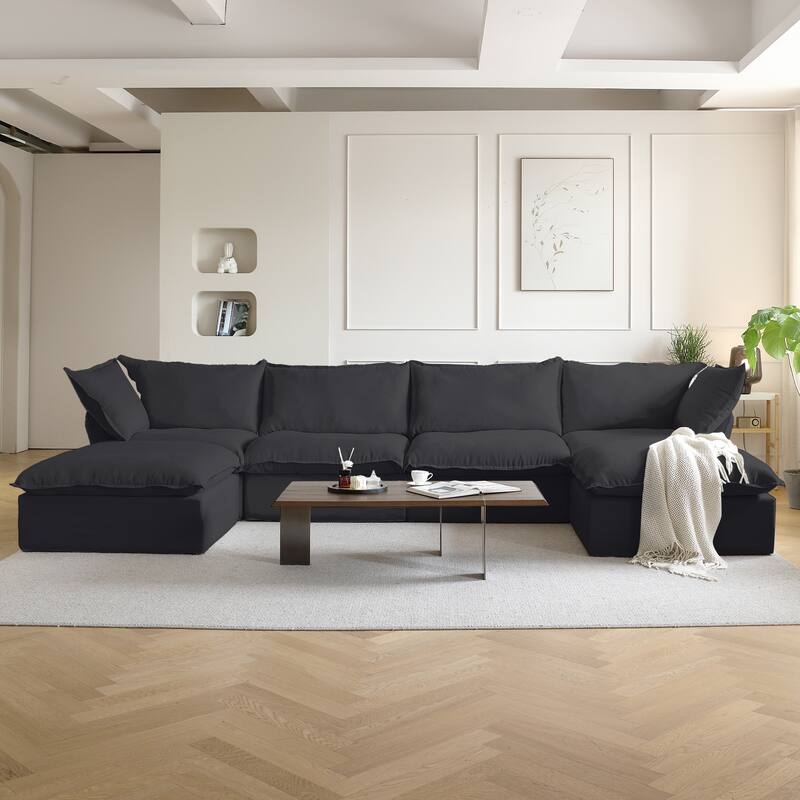 6 Piece U-shaped Velvet Upholstery Modular Sectional Sofa with 2 Ottoman - Black