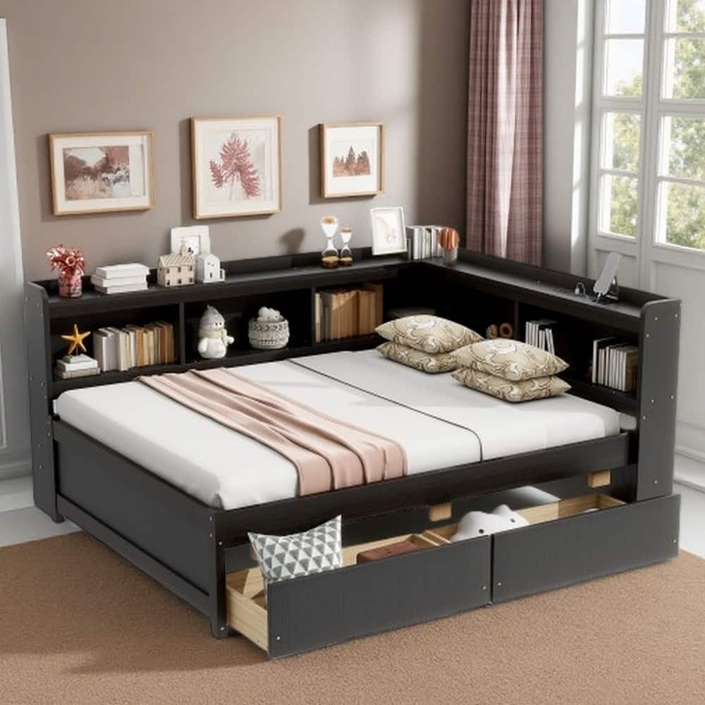 Full Size Bed with L-Shaped Bookcase, USB Charging Ports, 2 Storage Drawers, Power Outlets, and Espresso Finish
