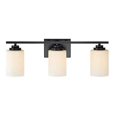 Matte Black 3-Light Vanity with Etched White Glass Shades