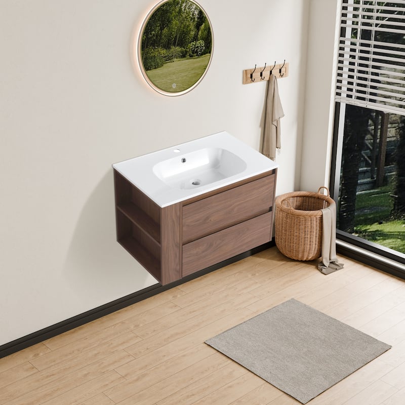Modland 30" Wall-Mount Vanity with Gel Sink & Soft-Close Drawers - Adjustable Shelf, Brown/Imitative Oak - 30 Inch