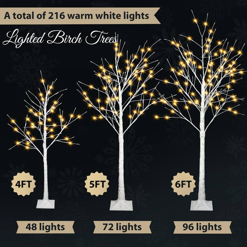 Roomfitters Set of Artificial Birch Trees, 4FT 5FT 6FT Holiday Decoration with Warm White Lights for Indoor, White