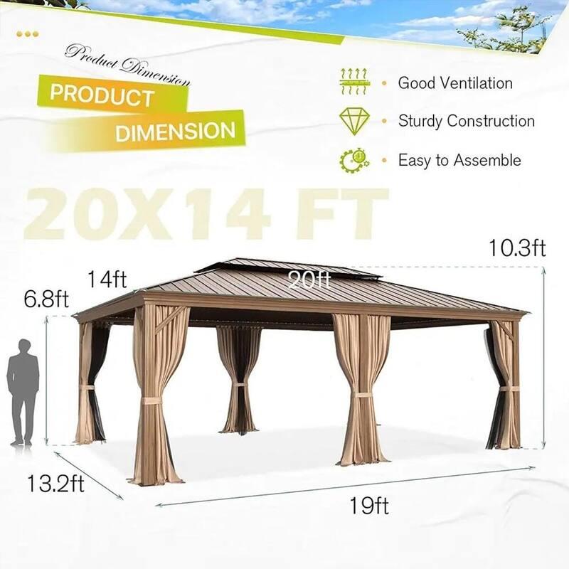 Erommy Pro Series Outdoor Galvanized Steel Roof Gazebo Pergola w/ Aluminum Frame & Vertical Rain Cutter