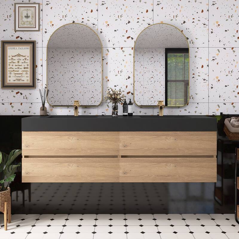 Wall Mounted Bathroom Vanity with Solid Surface Sink and Soft Drawers - 71.7'' x 18.12'' x 25.29'' - Oak and Black
