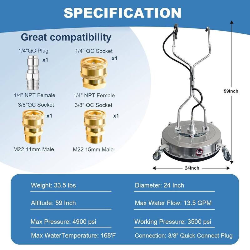 24" Pressure Power Washer Surface Cleaner with 4 Wheels for Driveway & Concrete