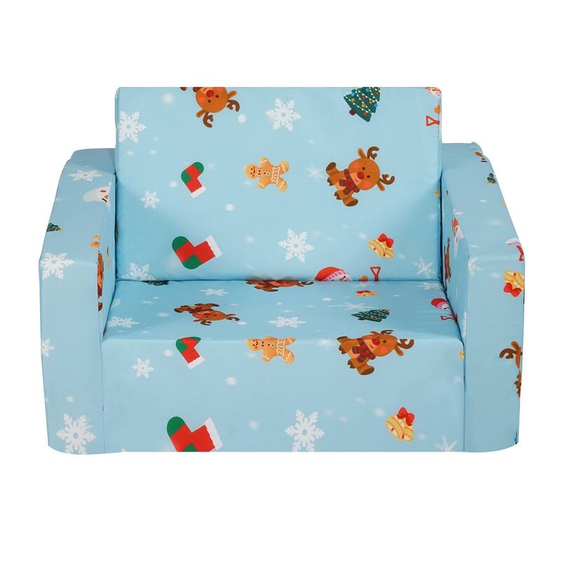 Sky Blue Foam Foldable Kids Sofa Bed with Printed Fabric and Zippers - 40.94” L x 22.83” W x 12.60” H
