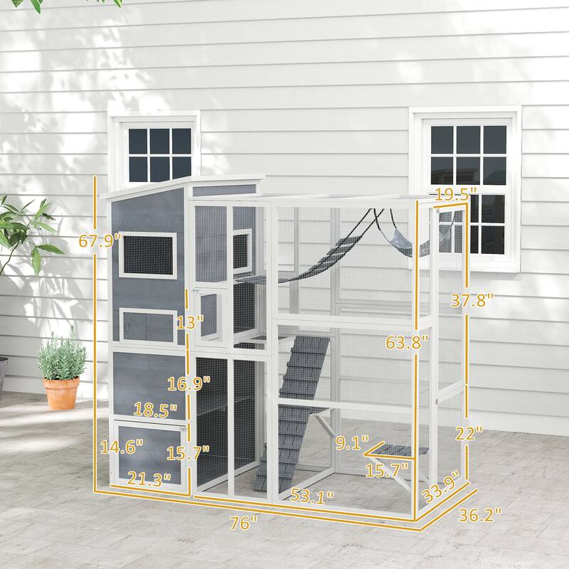 PawHut Catio Outdoor Cat Enclosure, Large Wooden Cat House with 4 Tier Resting Rooms, 3 Platforms, 1 Soft Ladder, 2 Ramps