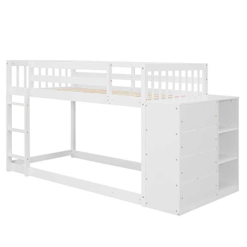 Twin over Twin Bunk Bed with 4 Drawers and 3 Shelves