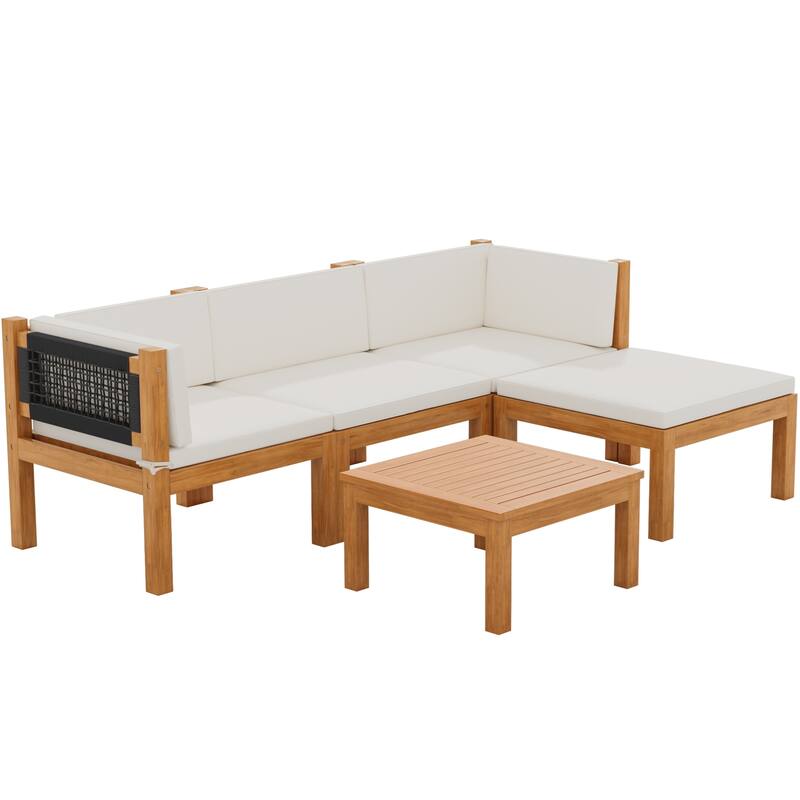 Furniwell 5/6/7-pieces Acacia Patio Furniture Set, Wooden Conversation Set,Outdoor Modular Design Sofa Set with Side Table