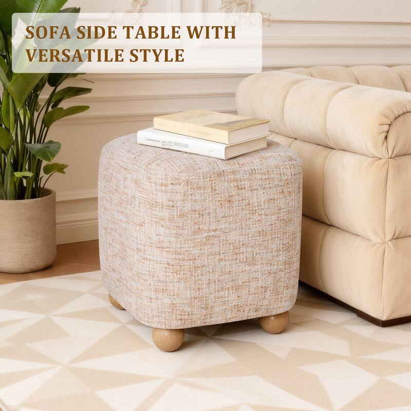 Chenille Upholstered Pouf Ottoman Footstool Acacia Solid Wood Footrest
