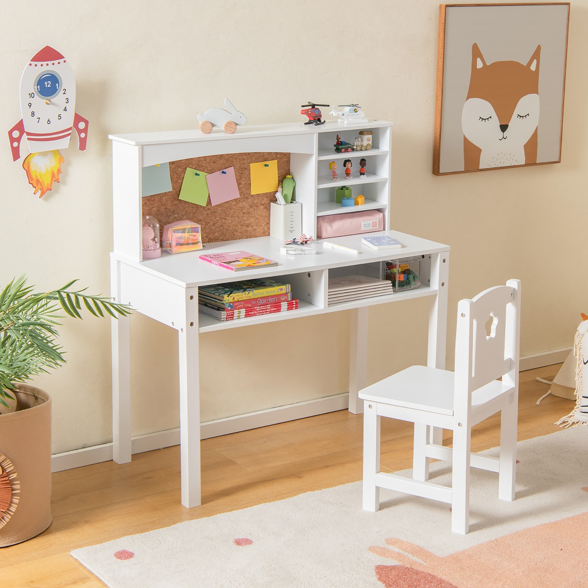 Kids Wooden Corner Desk and Chair Set with Hutch and Storage-White | Costway