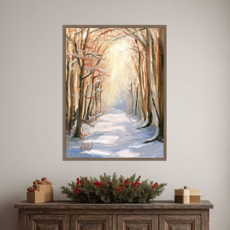 Path in Winter by Sandra Iafrate Framed Canvas Wall Art Print - Sylvie Dark Gold