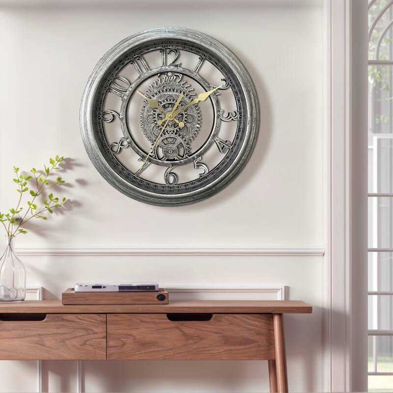 Rustic Farmhouse Gear Clock with Moving Gears Wall Clock Industrial Steampunk Unique for Home Living Room Office Decor 11 Inch - Silver