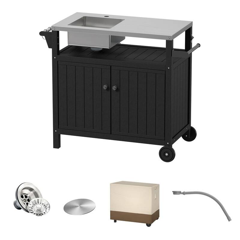 HDPE Outdoor Grill Cart with Sink,Cabinet and Cover, 42 inch Freestanding Modular Kitchen Sink Station in 304 Stainless Steel - Black