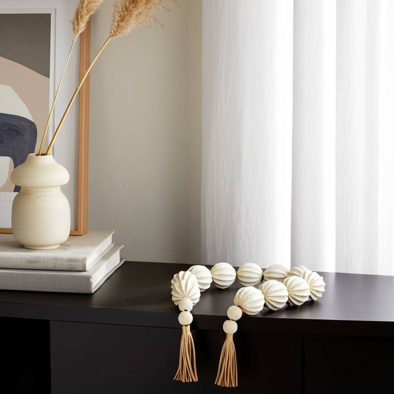 Bead Strand with Leather Tassel Accents - 53" x 3" x 3" - Tan