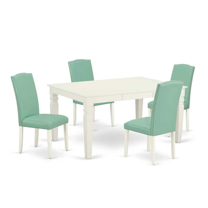 Retro Kitchen Dining Set 5Pc Rectangle Table w/ Leaf & 4 Chairs - Linen White Legs, Pond PU Leather