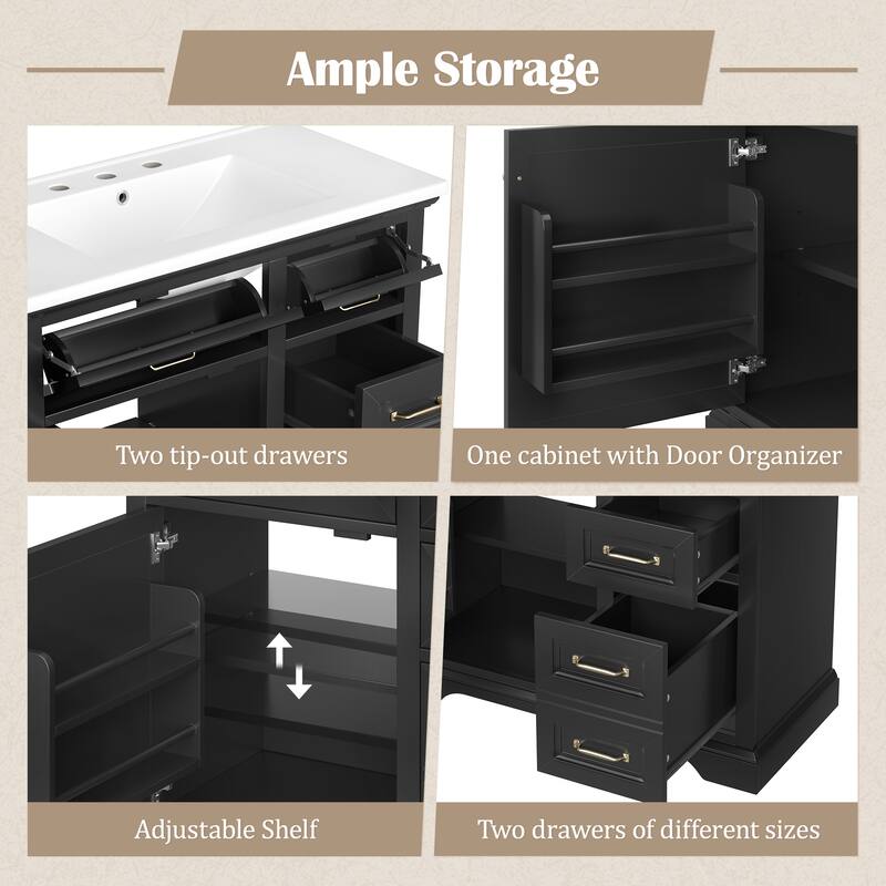 36" Bathroom Vanity with Sink, Ceramic Sink, 2 Tip-out Drawers, Soft Close Door Hinges, Black