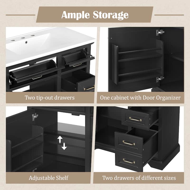 36 Inch Bathroom Vanity with Ceramic Sink, Freestanding Cabinet with 2 Tip-Out Drawers, Soft-Close Hinges & Storage Shelves