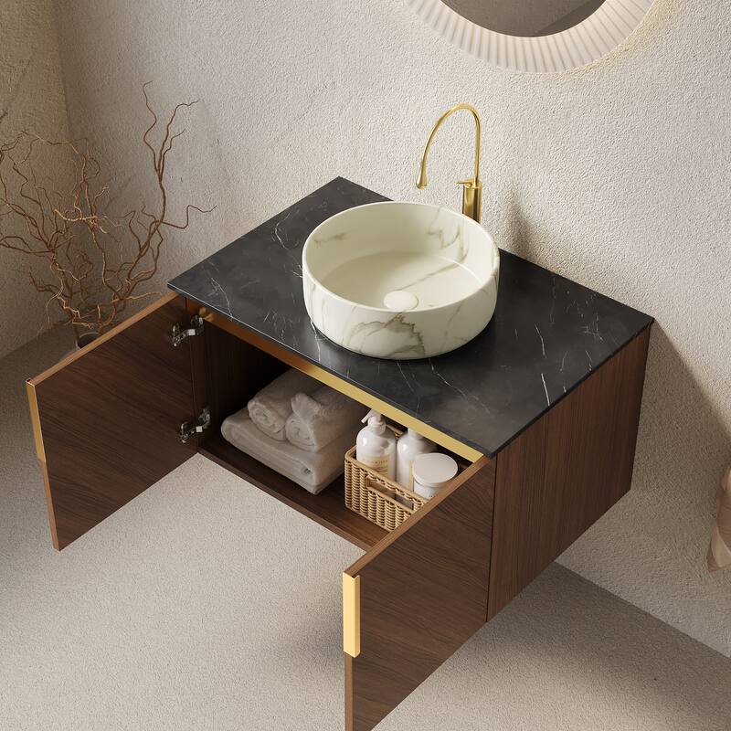 30" Bathroom Vanity Sink, Floating Plywood Bathroom Storage Cabinet with 2 Doors, Sintered Stone Countertop Round Ceramic Basin