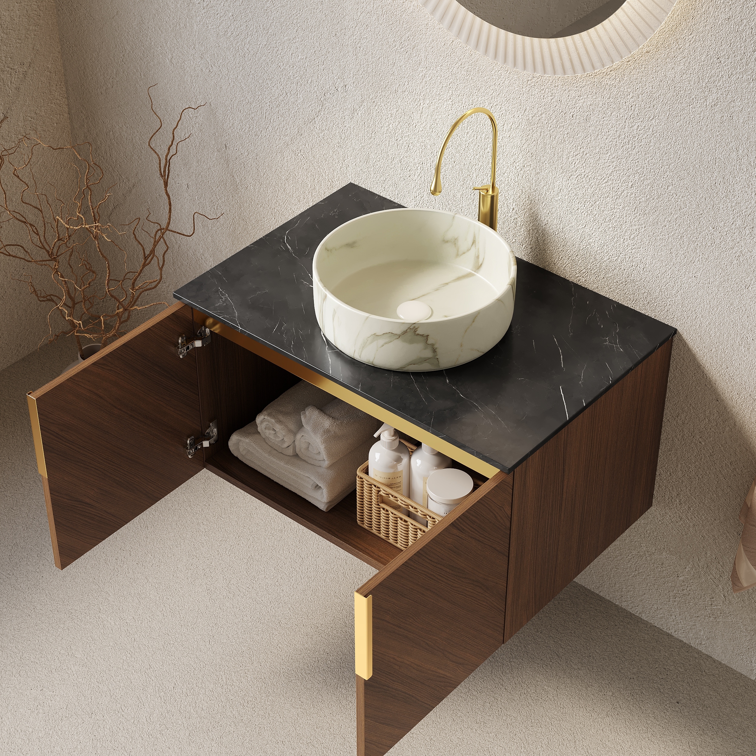 Bathroom Vanity with Soft-Close Double Doors, Wall-Mounted Bathroom Storage Cabinet, Multiple Sink Shape Options