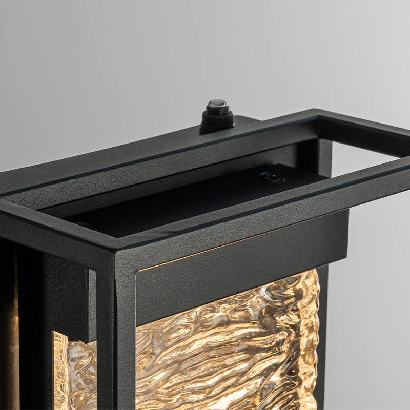H15" Modern Outdoor Integrated LED Wall Light with Dusk to Dawn Sensor Matte Black Light Fixture with Handcrafted Textured Glass