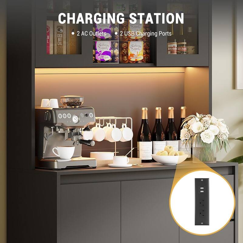 Kitchen Pantry Cabinet , Tall Storage Cabinet with Countertop and LED Lights
