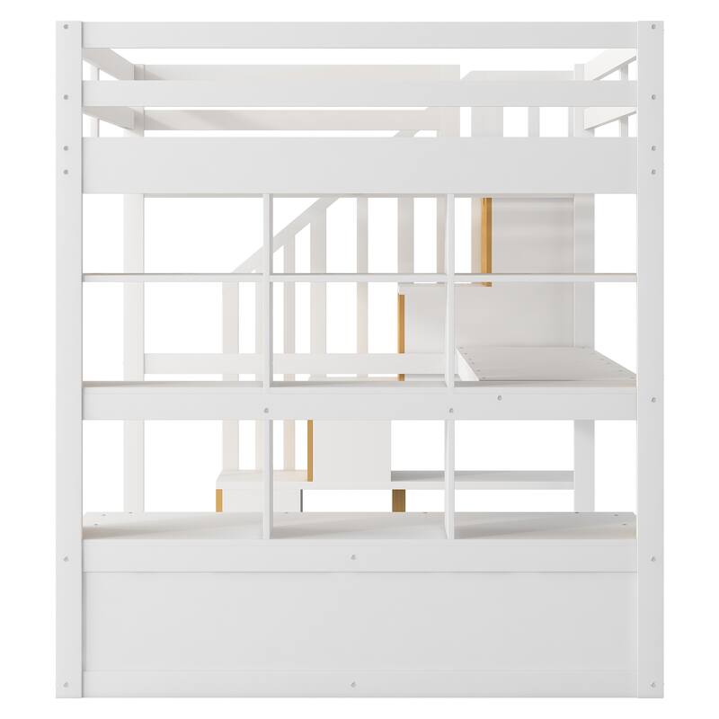Full Size Loft Bed with Desk, Shelves, Drawers, and Storage Staircase in White and Natural