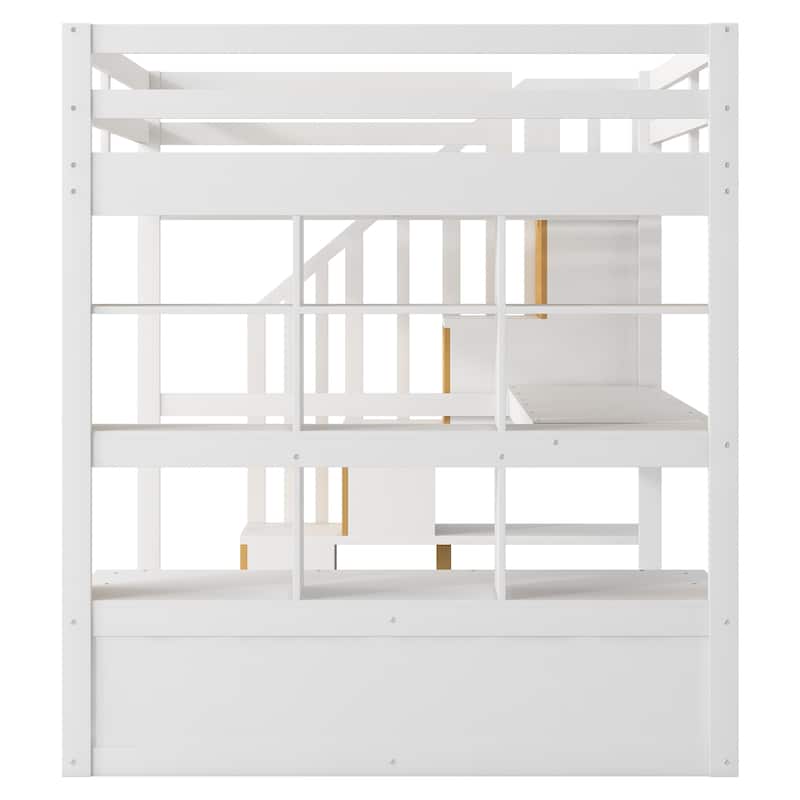 White Full Size Solid Wood Loft Bed with Desk, Shelves, and Storage Staircase