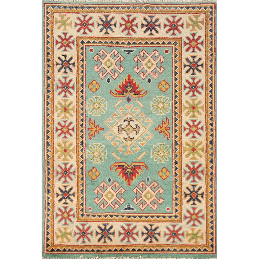 Turquoise Blue Kazak Oriental Accent Foyer Rug Handmade Wool Carpet - 2'0"x 3'0"