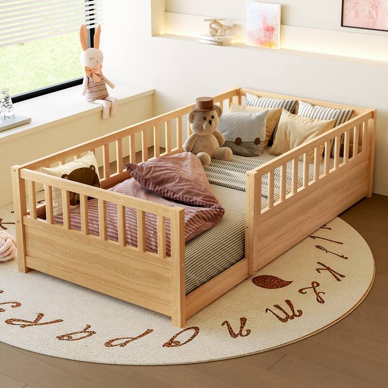 Full/Twin Montessori Floor Bed with Security Barrier & Door - Children's Wooden Bed Frame