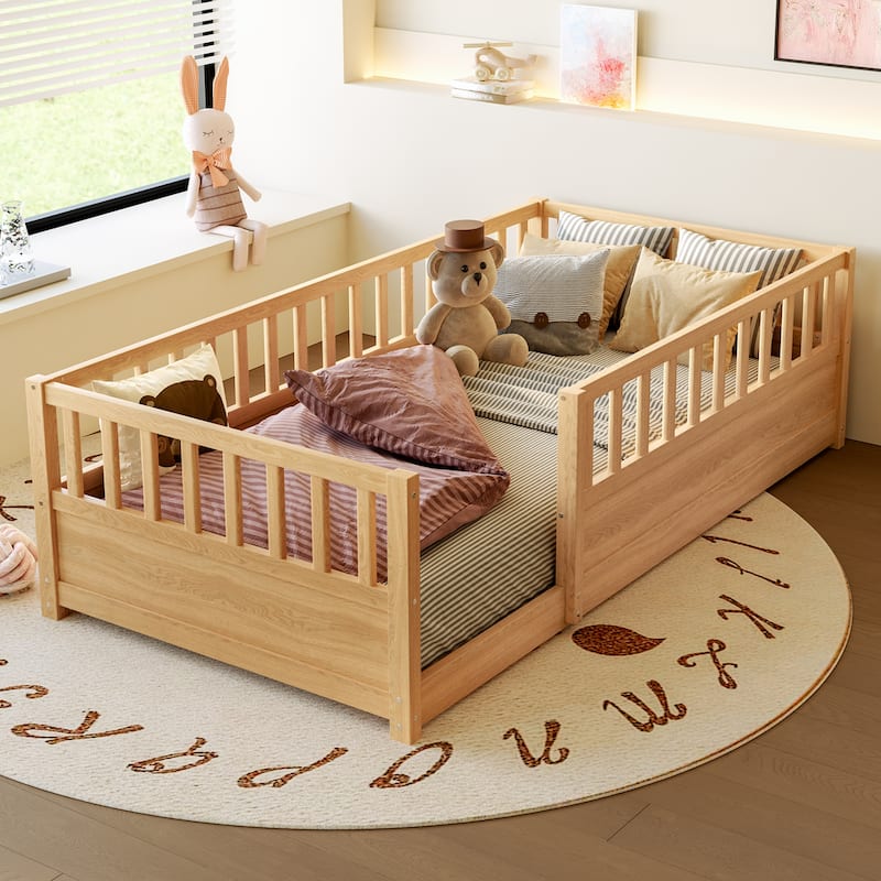 Twin Size Floor bed, integral construction with super high security barrier, door, children's floor bed frame