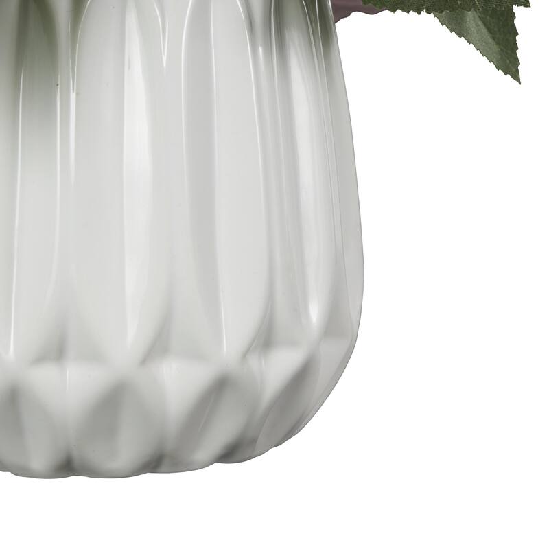 Pink Fabric Artificial Flower with Green Leaves and Round Ceramic Vase