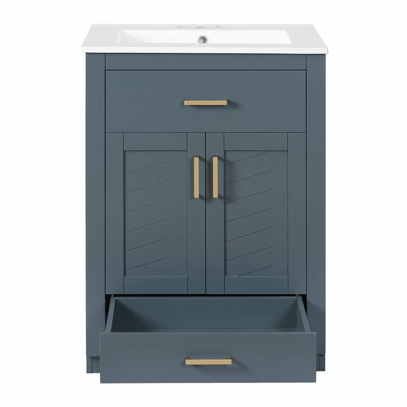 24" Bathroom Vanity with Integrated Ceramic Sink, Cabinet with 2 Doors, 1 Tip-out Drawer