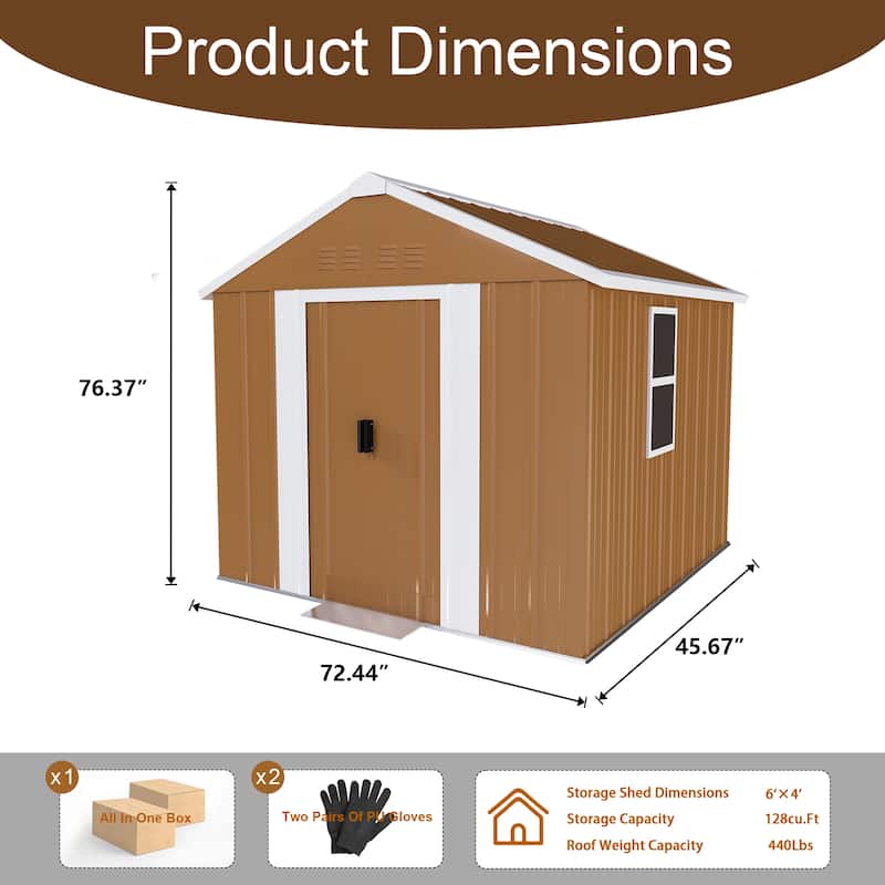 Roomfitters 6x4 FT Metal Storage Shed with Windows, Lockable Sliding Door, Vents & Weatherproof for Garden, Brown