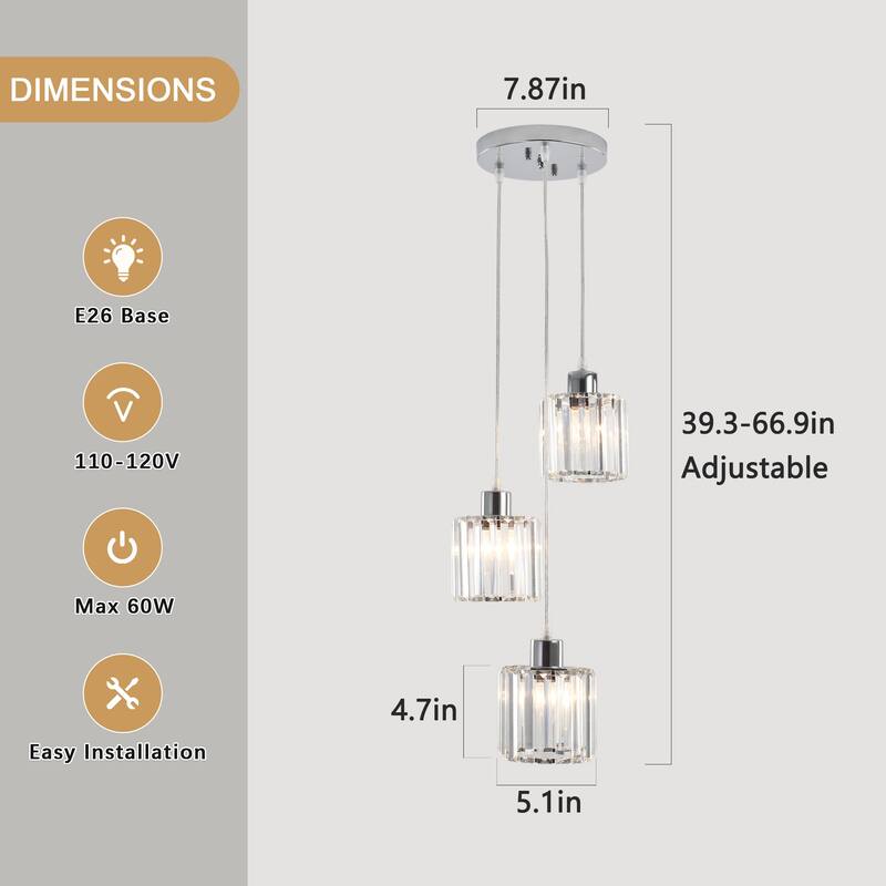 3-Light Modern Metal Hanging Pendant Light Ceiling Light Chandelier with Crystal Cover for Kitchen Island